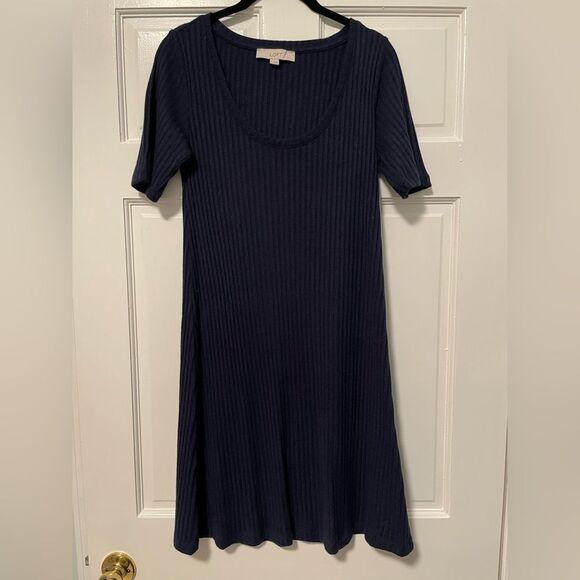 Loft Ribbed Scoop‎ Neck Shift Dress Short Sleeve Navy Blue Women’s Medium - Picture 3 of 8
